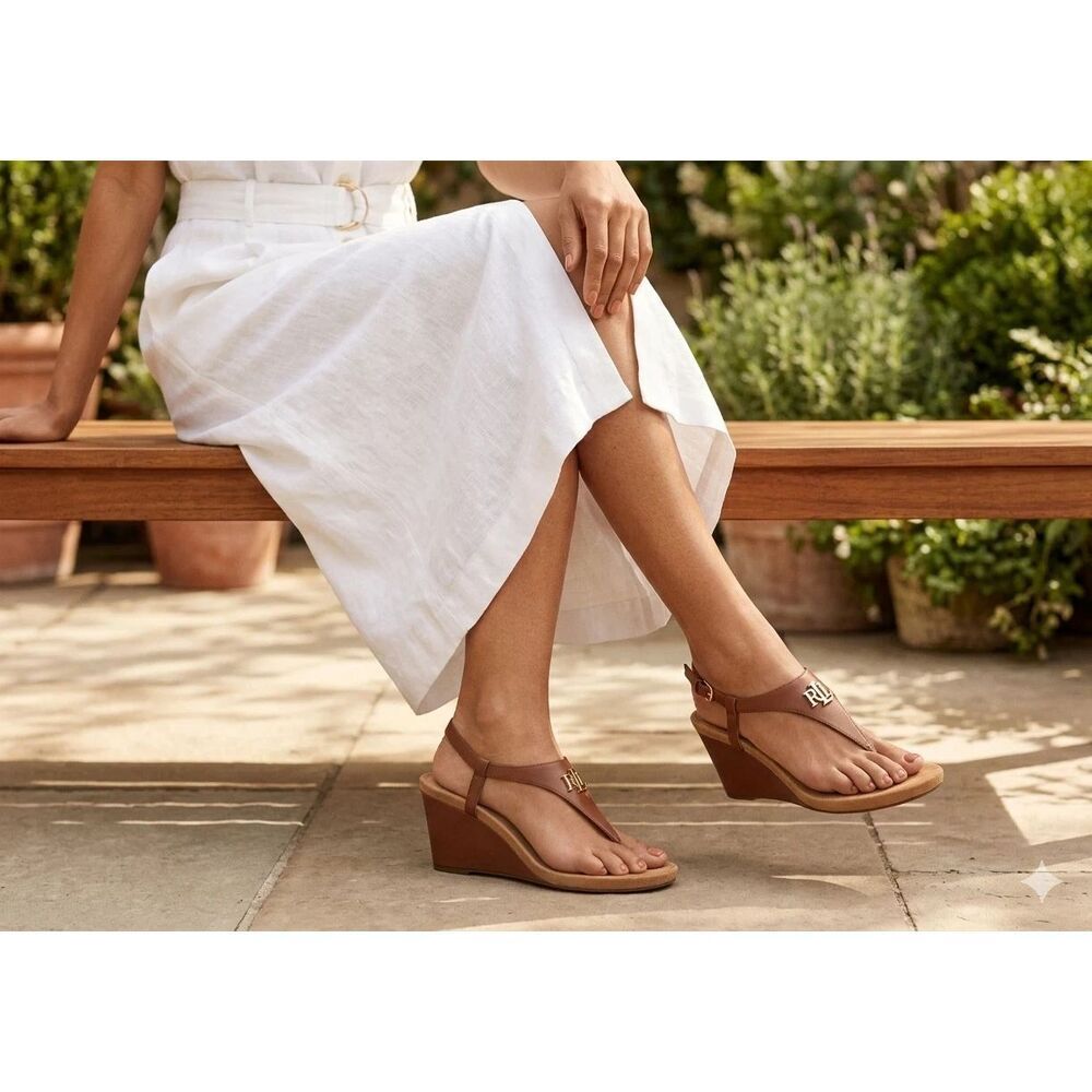 Lauren Ralph Lauren Women's Sz 9.5B Tan Leather Jeannie Wedge Sandals